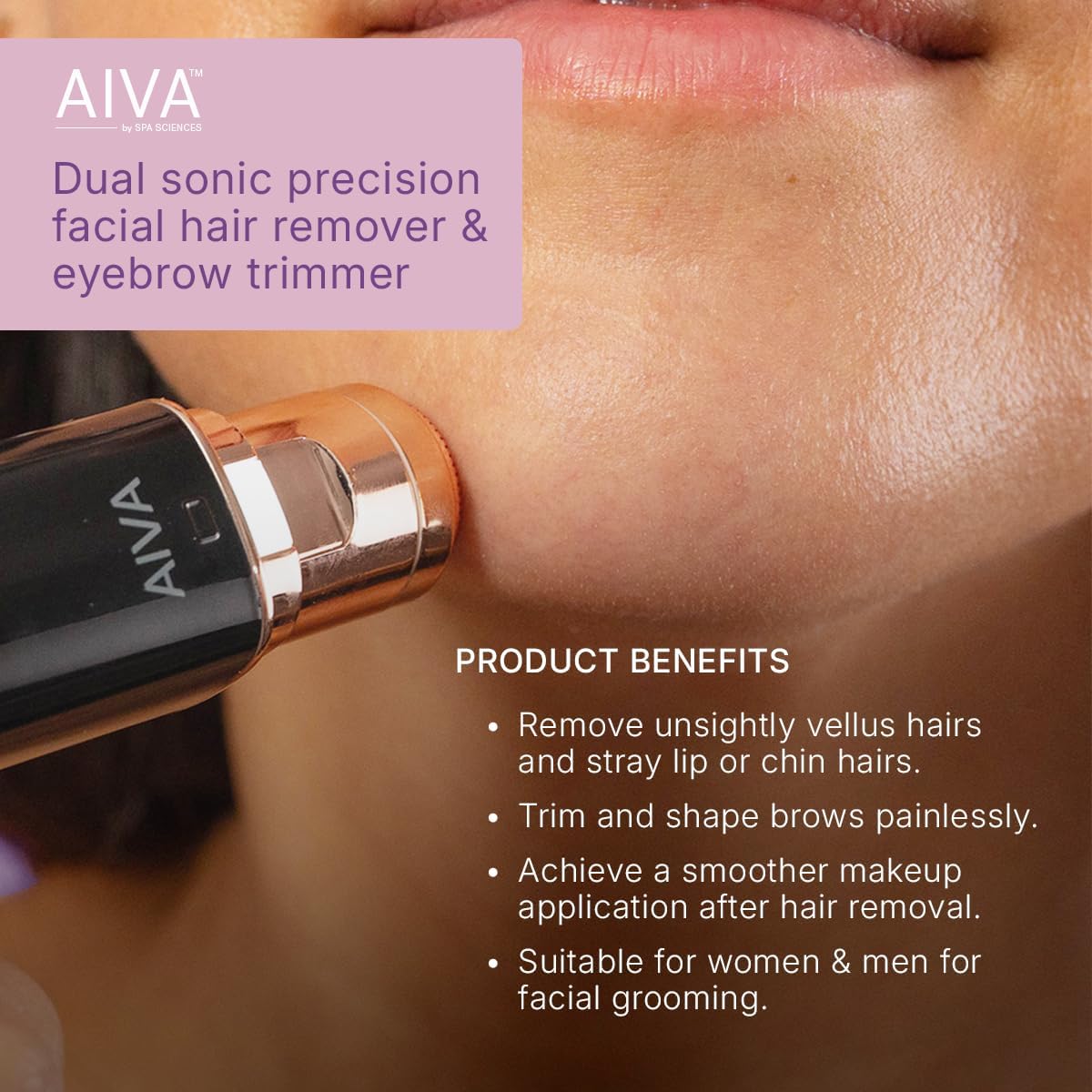 SPA SCIENCES AIVA: 2-in-1/Double Sided Facial Hair Remover & Eyebrow Trimmer USB Rechargeable with Built-in LED Lights