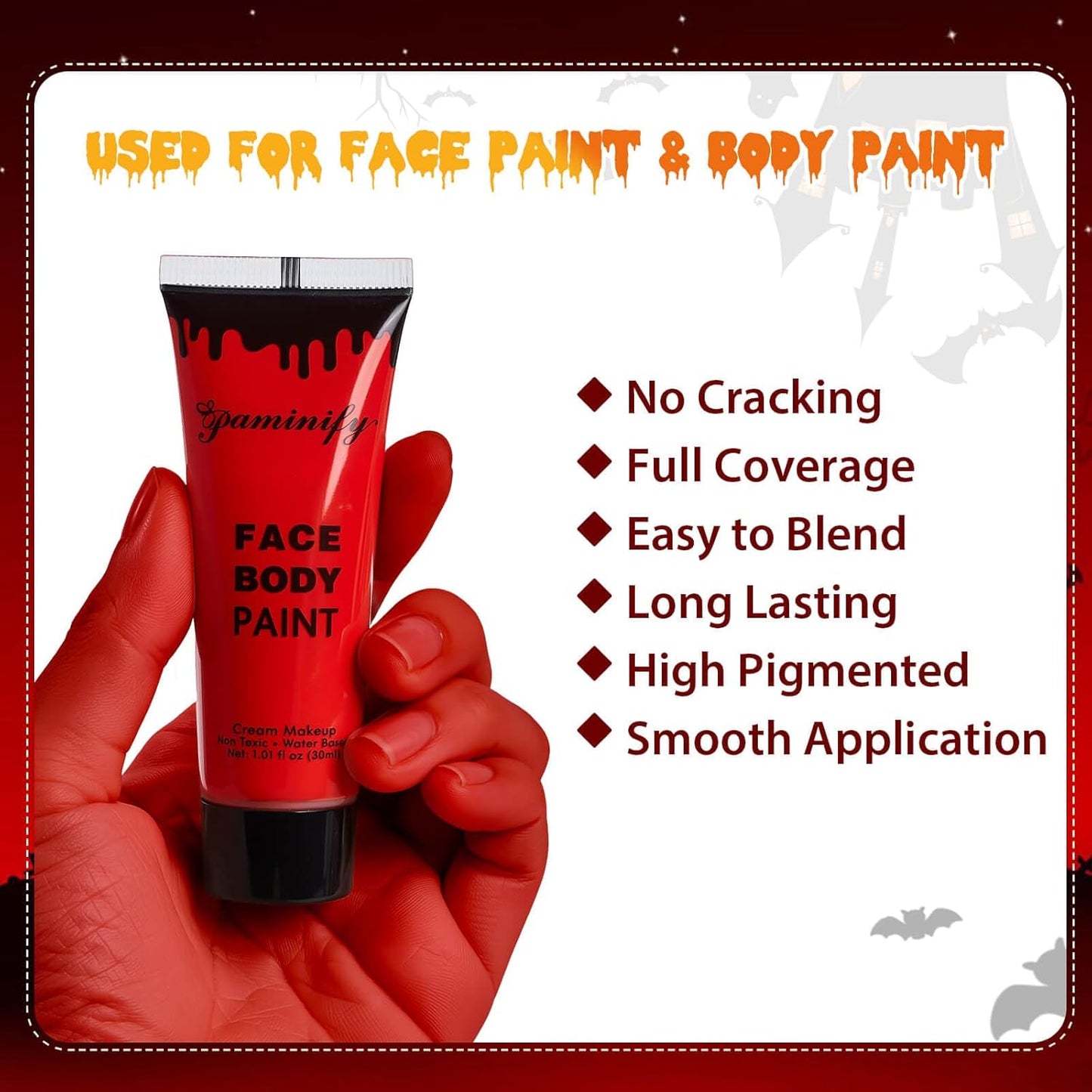 Red Face Paint Halloween Makeup Kit,Devil Horns Headband for Kids,1.01oz Water-Based Red Body Paint+Black Lipstick+Sponge+Devil Glitter Headband,Cream Face Paint Stick for Costume