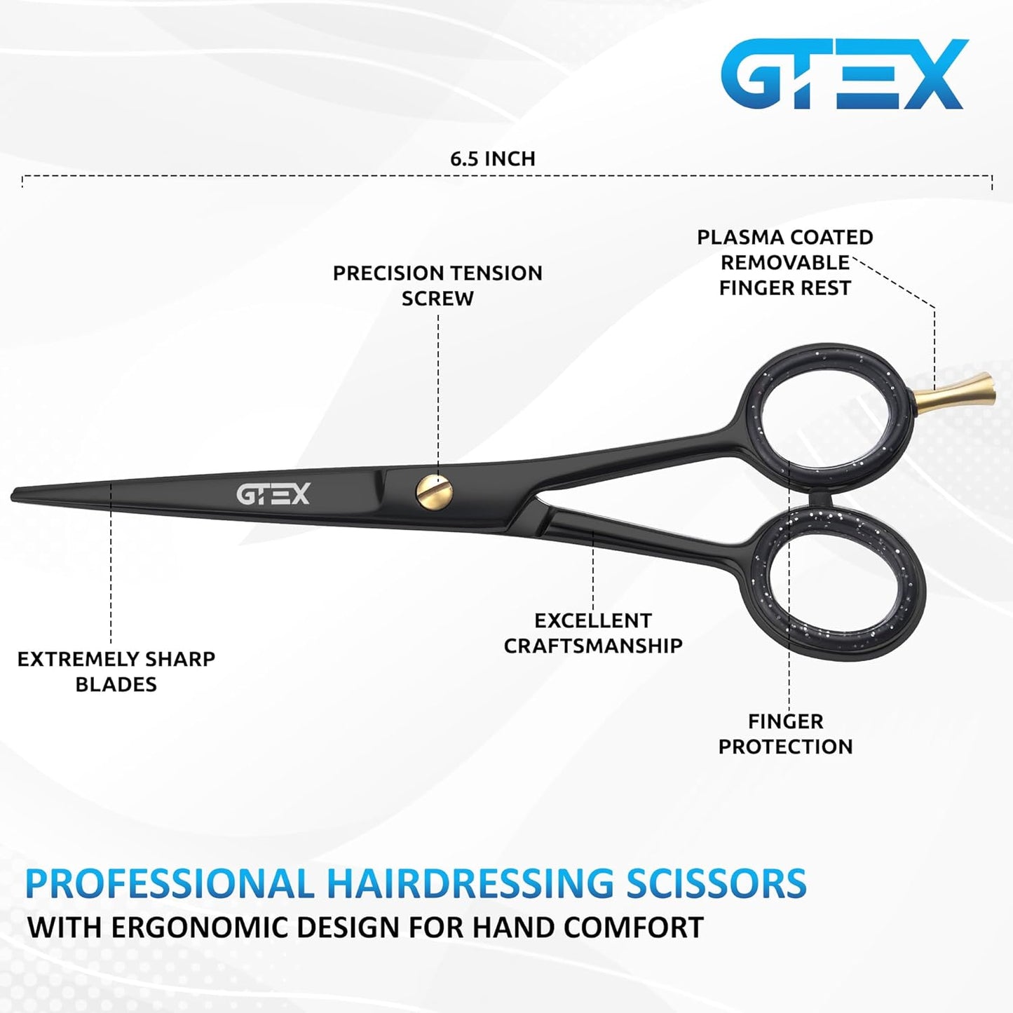 GTEX Hair Scissors, 6.5 inch Black Professional Hair Cutting Scissors for Women Men Adults - Barber Scissor Hair Shears - Super Sharp Haircut Scissor - Tijeras De Peluqueria Profesional