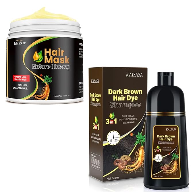 Bablabear Hair Mask Treatment for Dry Damaged Colored Hair and Dark Brown Hair Dye Shampoo 3 in 1 Bundle Set