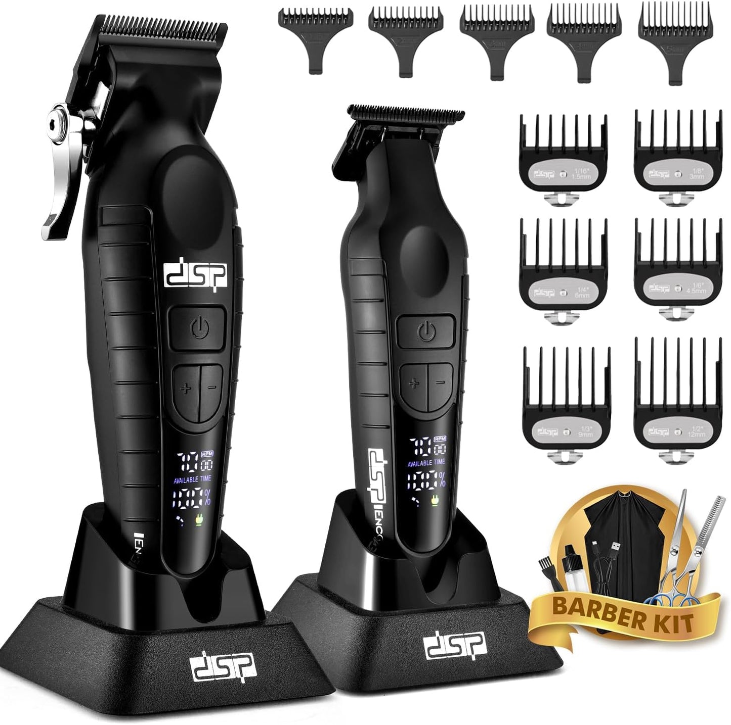DSP Professional Hair Clippers Set for Men, Cordless Barber Clipper Beard Trimmer DLC, USB Rechargeable, Speeds Adjustable, Travel Lock, Low Noise with Charging Base