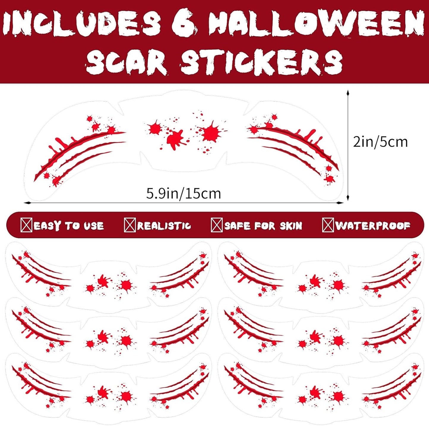 Halloween Wound Simulation Face Tattoo Stickers - Halloween Glitter Freckles Face Tattoo, Red Glitter Freckles Face Tattoo for Women Men 6p