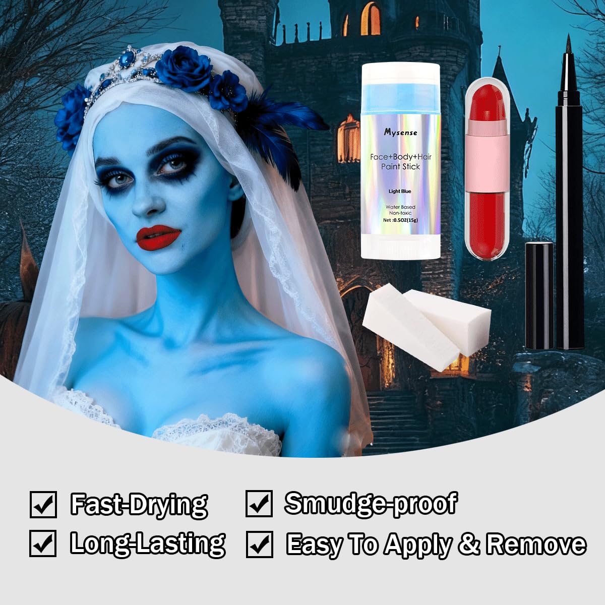 Mysense Sally Makeup Kit,Halloween Corpse Bride costume,Sally Face Cosplay Accessories for Women and Kids,Light Blue Face Paint+Red Double-Ended Lipstick+Black Eyeliner+Sponges