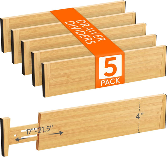 Lifewit 5 Pack 4" High Bamboo Drawer Dividers, 17-21.5" Adjustable Drawer Organizers for Clothes, Wood Dresser Drawer Divider, Expandable Deep Drawer Separators for Dresser, Kitchen, Bedroom, Bathroom