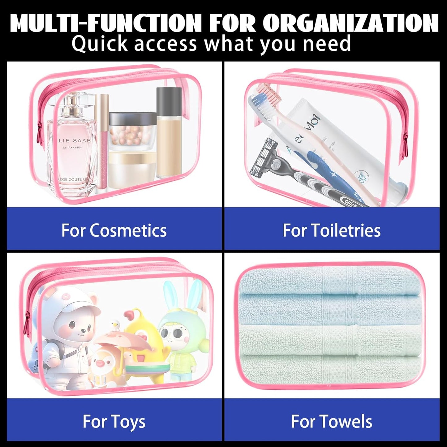 16-Piece Makeup Bags, Waterproof Toiletry Bag Carry Pouch Portable Cosmetic Bag PVCTravel Clear Pouches Carry-on Travel Essentials Transparent Storage Organizer Bag (Rose Pink-M)