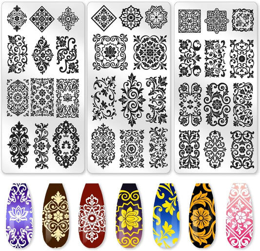 benikmake 3pcs Retro Pattern Nail Stamping Plate Nail Printing Stainless Stencil for Manicure Salon Mosaic Tile 6x12cm 2.36x4.7inch