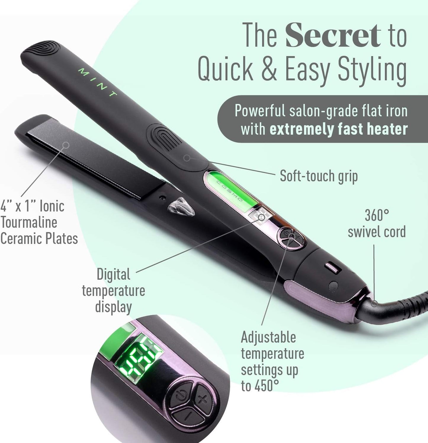 Professional Series Ultra-Smooth Cosmo Flat Iron for Thick Hair by MINT | Powerful Salon-Grade Single-Pass Ceramic Tourmaline Ionic Hair Straightener. Travel-Ready Dual Voltage