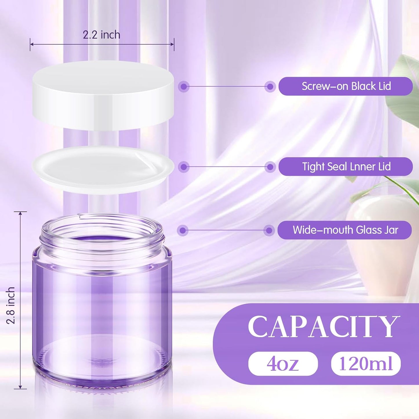 Norme 48 Pcs 4 oz Glass Jars with Lids Leakproof Round Airtight Empty Cosmetic Jars with Inner Liners Lid for Storing Lotions Powder Ointments Candle Making Tins (Light Purple)