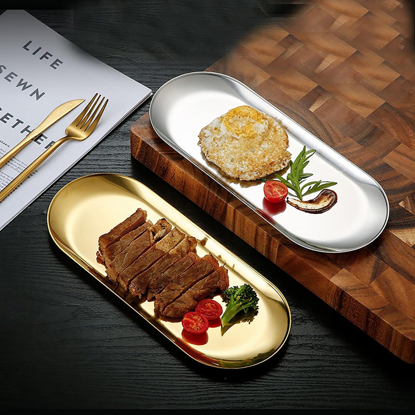 1 Pcs Gold Trinket Tray Oval Stainless Steel Small Serving Trays Towel Storage Dish Plate Tea Fruit Trays Jewelry Plate Decorative Storage Tray (Gold 1pcs, 9 x 3.8 Inch)