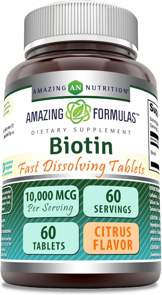 Amazing Formulas Biotin 10,000 mcg | Fast Dissolve Tablets | Non-GMO | Gluten Free Supplement | Made in USA (Citrus | 60 Count)
