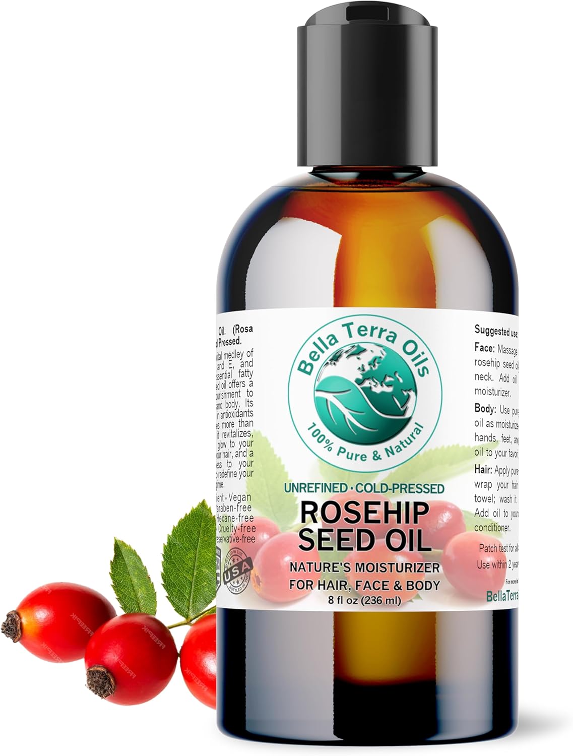 Bella Terra Oils - Organic Rosehip Facial Oil 8 oz - Dive into Organic Rosehip's Essential Fatty Acids & Antioxidants, Infused with Vitamin F, Elevate Daily Face Rituals