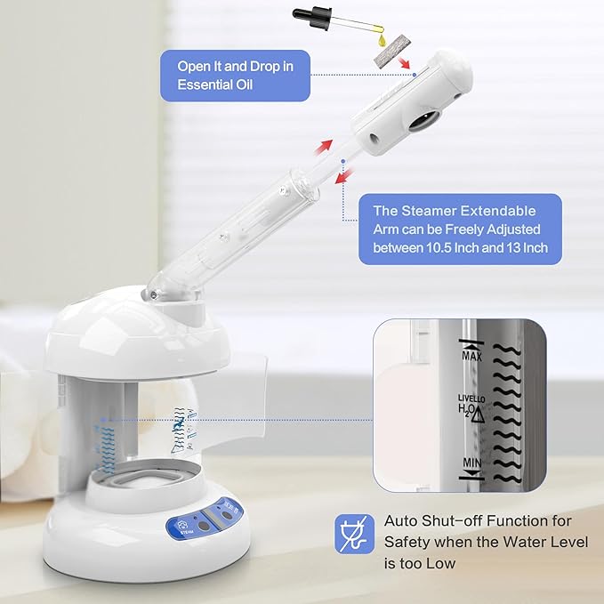 Kingsteam Facial Steamer - Ozone Steamer with Extendable Arm - Professional Nano Ionic Facial Steamer for Deep Cleaning - Portable for Personal Care Use at Home or Salon