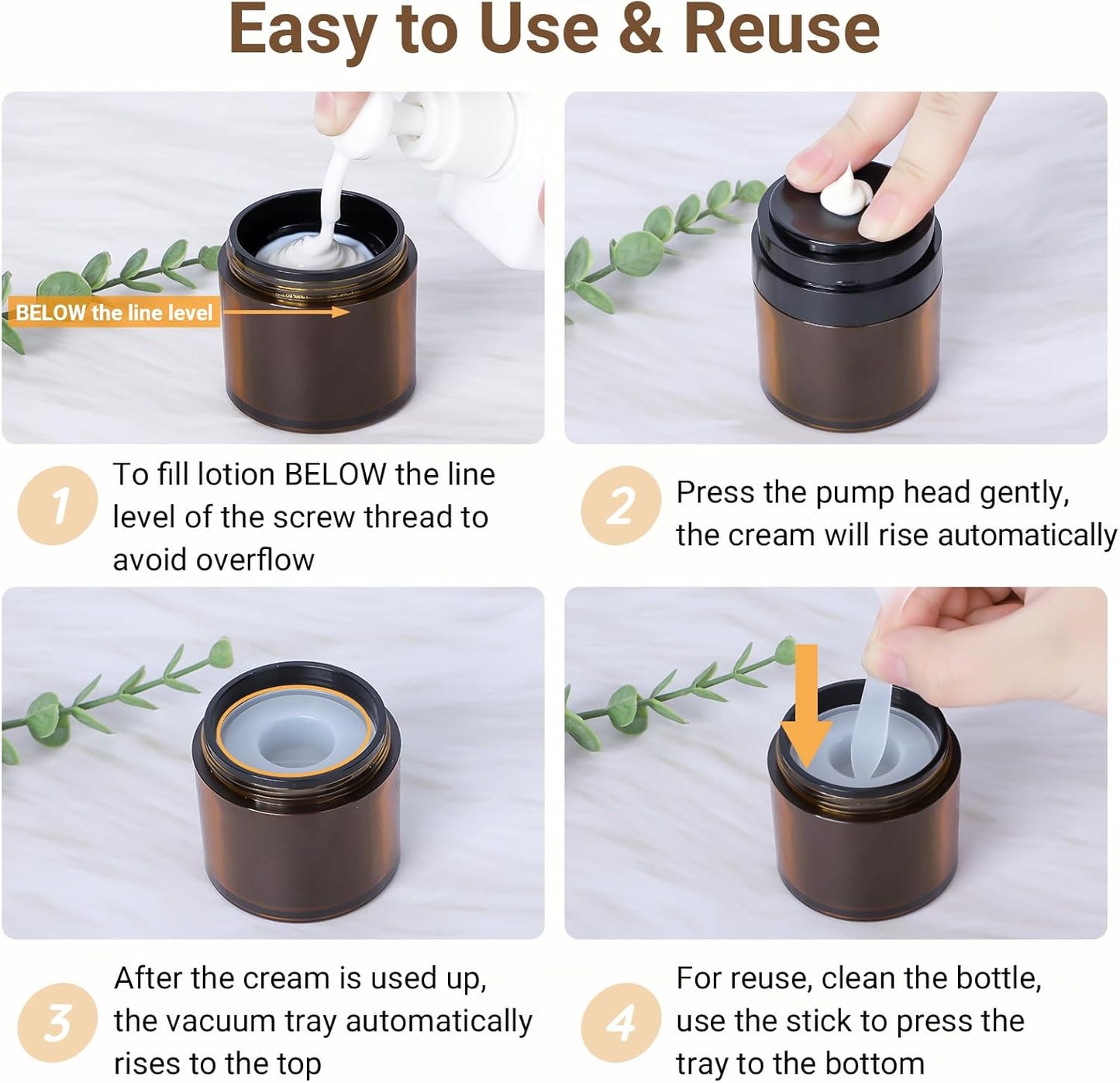 Segbeauty 1oz Refillable Small Airless Pump Jar Amber, 3pcs Empty Travel Size Cream Containers, Mini Vacuum Lotion Travel Bottles for Toiletries, 30ml Pump Dispenser Makeup Containers for Liquids