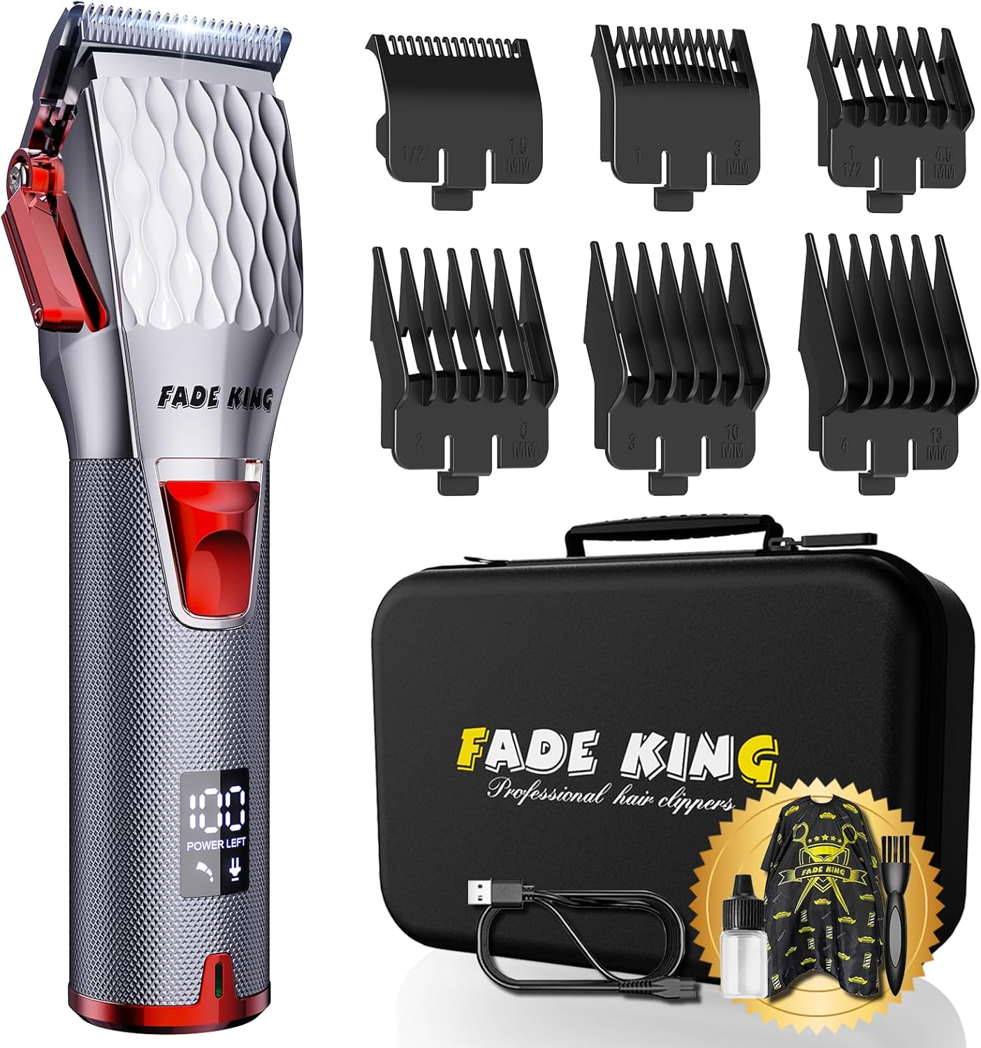 FADEKING® Professional Hair Clippers for Men - Cordless Hair Clippers, LCD Display Barber Clippers for Hair Cutting & Mens Grooming with Travel Case(Silver+red)