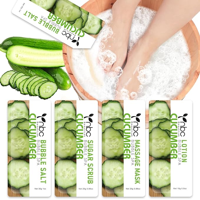 Pedicure Kit Foot Soak Set: Bubble Salt, Sugar Scrub, Massage Mask, Massage Lotion in a Box, 4 Step Foot Spa Kit for Dry Feet,Tired Feet(1 Set Cucumber)