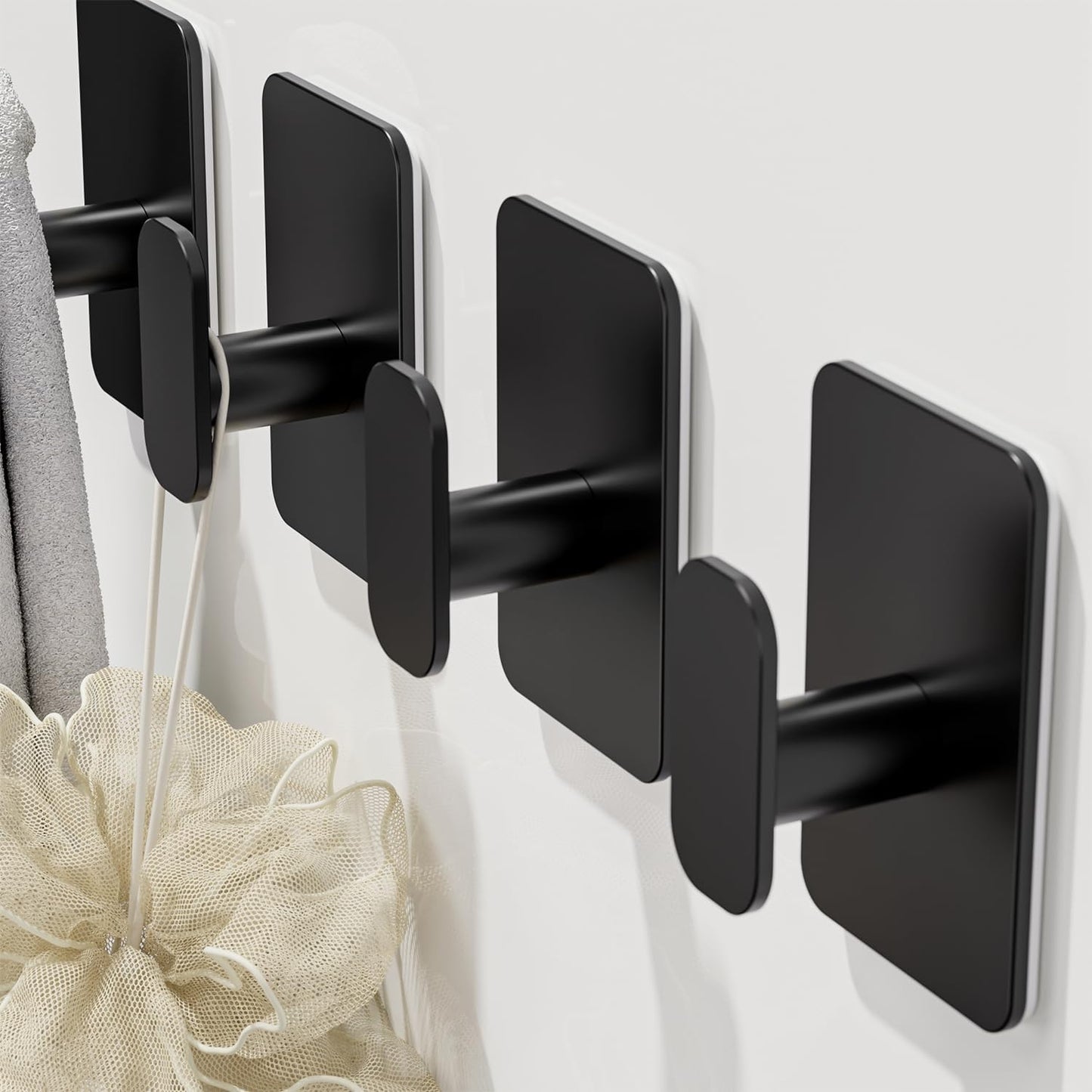 Heavy Duty Self Adhesive Hooks - 26lb Max, Sticky Wall Hooks Stainless Steel for Hanging Towel, Coat, Robe, Waterproof & Rustproof Hooks Stick on Bathroom, Shower, Kitchen (Black, 4 Pack)