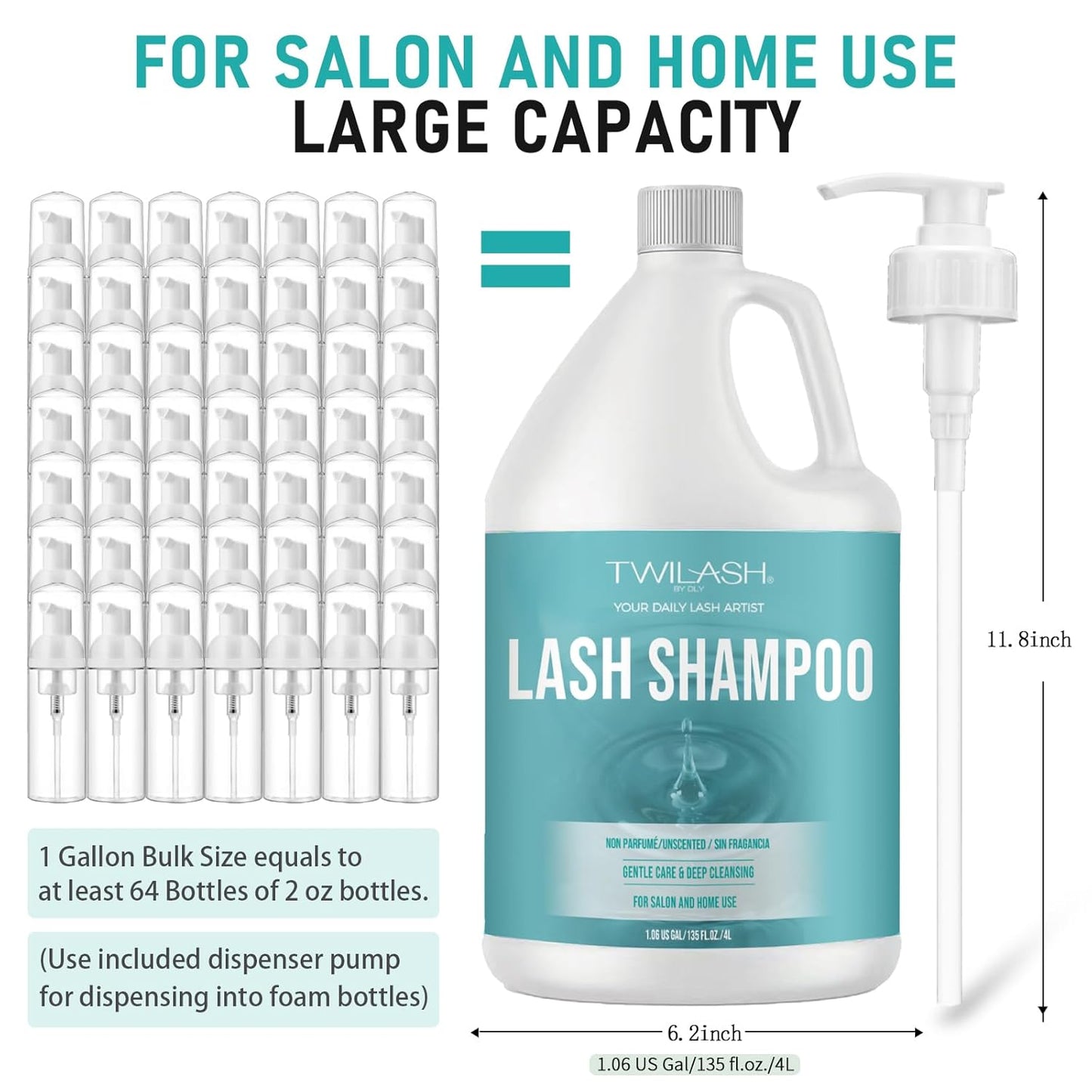 Lash Shampoo Bulk, Eyelash Cleanser for Extensions 4 Liters, Dispenser Pump, Safe Makeup Remover, Non-irritating or Burning Eyelid Foaming Cleanser for Professional Salon and Home Use (Unscented-4L)