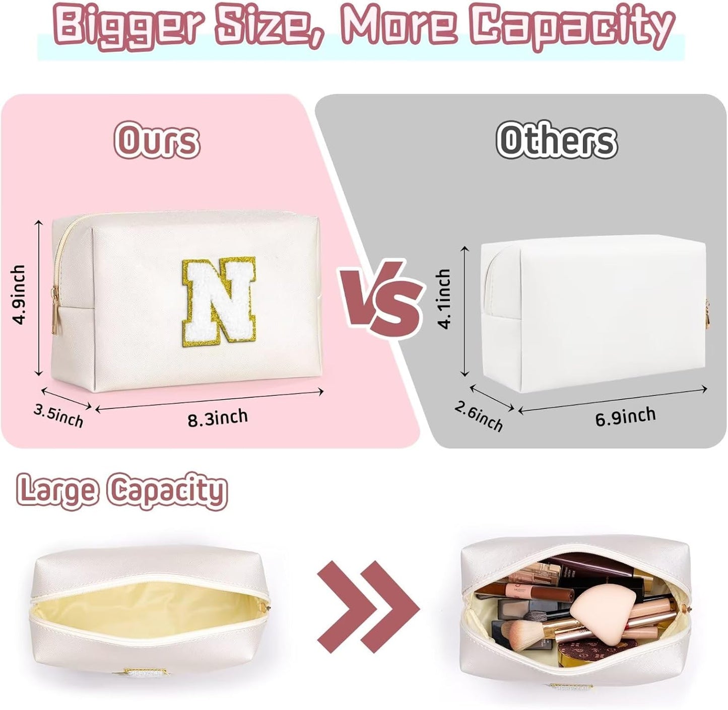 TOPEAST Small Makeup Bag Initial Cosmetic Bag Travel Toiletry Bag, Personalized Birthday Gift for Mom Sister Friends Teacher Nurse, Preppy Travel Stuff for Girls (White O)