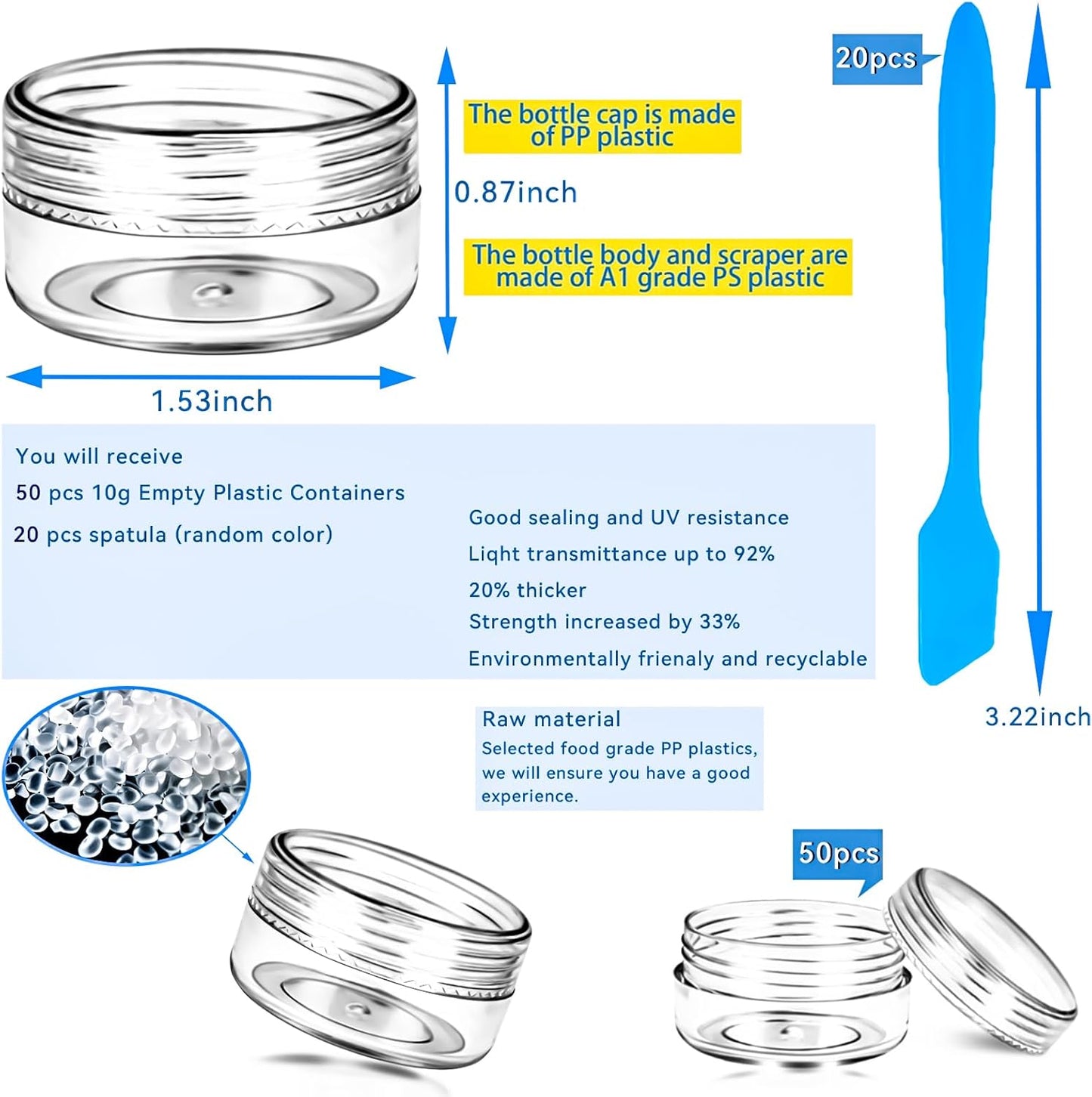 MotBach 50PCS 10g Empty Sample Containers with Clear Lids,Refillable Makeup Sample Containers, Small Sample Pot Jars Travel Makeup Containers with Mini Spatulas for Liquid Powder Creams Lotions