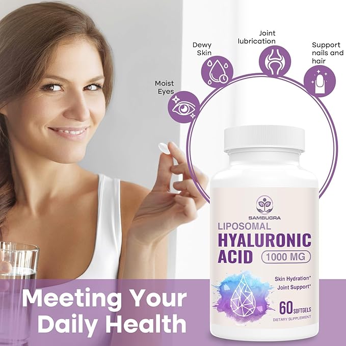 Liposomal Hyaluronic Acid 1000mg, High BioavailabilityHyaluronic Acid Capsules, Dietary Supplement Support Skin and Joint Lubrication, 60 Capsules