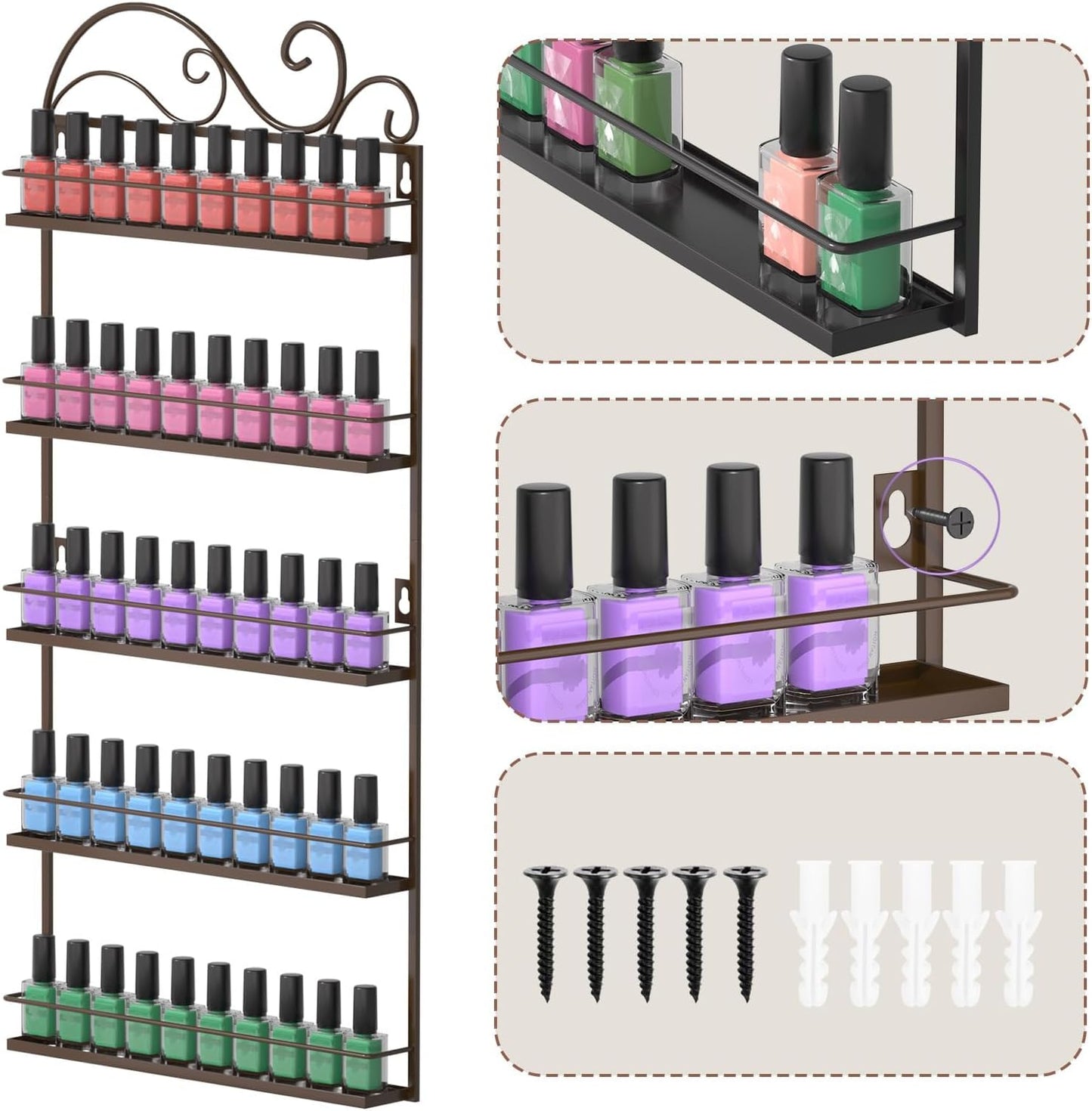 ERYTLLY Wall Mounted Nail Polish Rack, Rectangle Nail Storage Organizer, Salon Shelf Organizer (Brown)