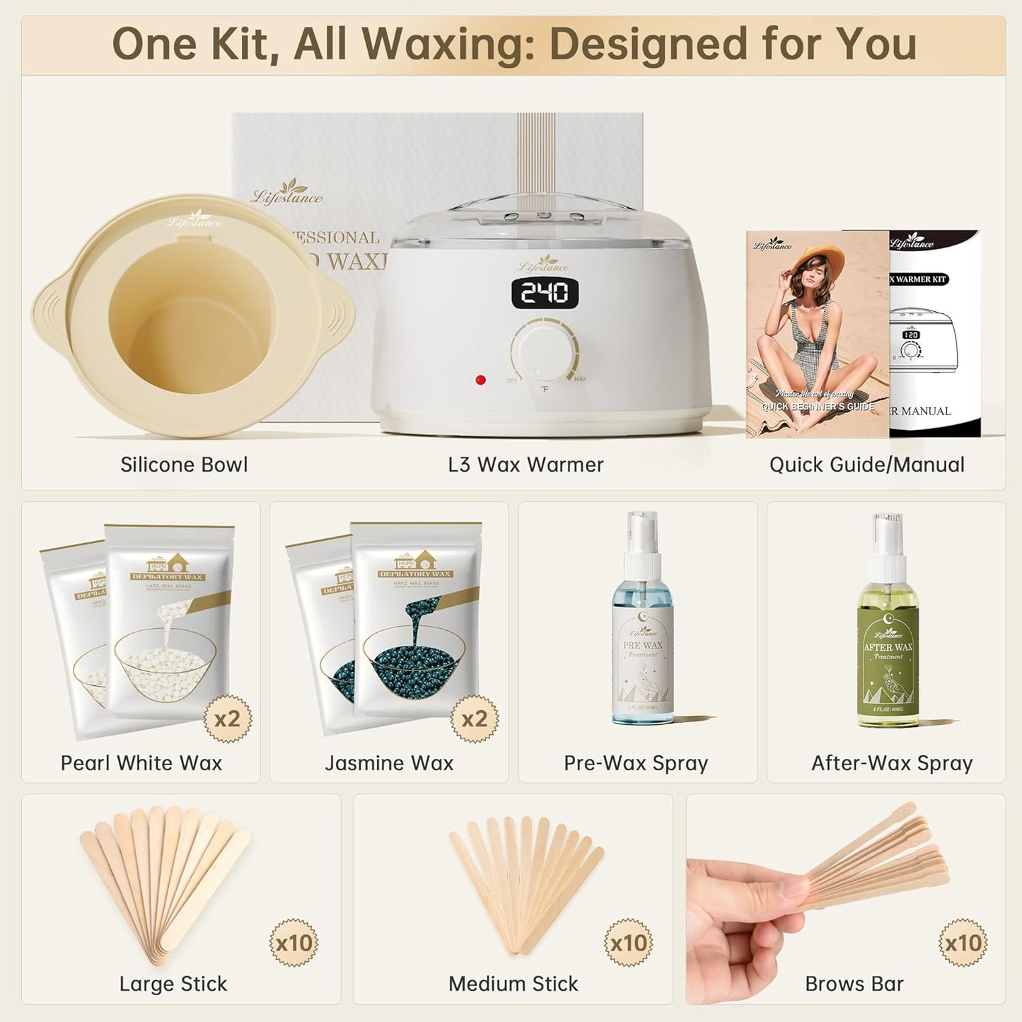 Lifestance Waxing Kit for Women & Men - White L2 Digital Warmer, Silicone Wax Pot Liner, Hair Removal Kit with 14.1oz Hard Wax Beads & Oil Spray, Professional for Home Brazilian Bikini Face Leg Body