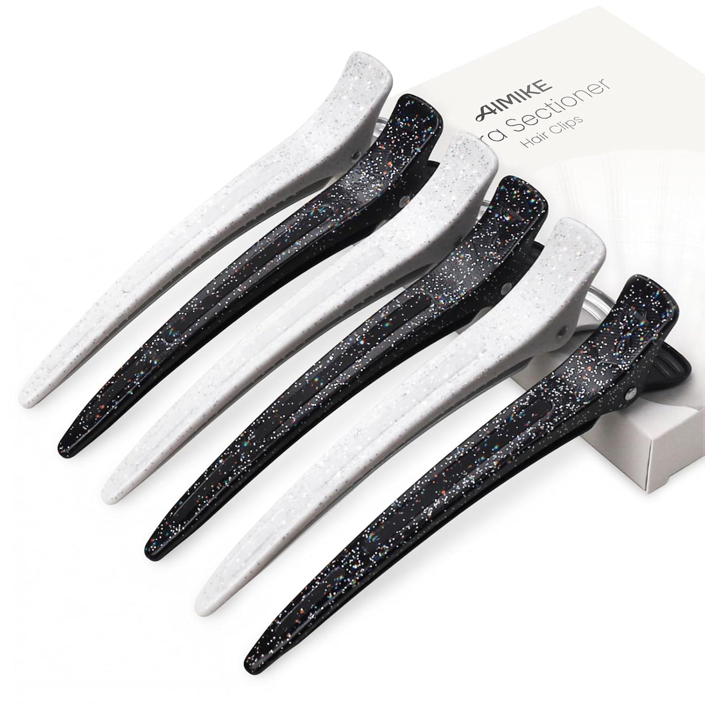 AIMIKE Extended Sectioning Hair Clips w/Built-in Silicone Band, 4.8" No-Crease Non-Slip Hair Styling Clips for Thick, Curly Hair –Blow Drying, Hair Rollers, Rust-Free – 6 Pack, Glitter Duckbill Clips