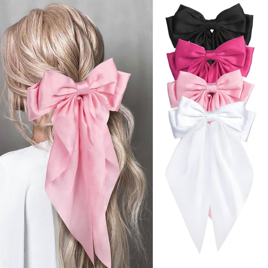 Silky Satin Hair Bows for Women Girls - 4PCS Ribbon Bows for Hair, Big Bow Hair Clips with Long Tail, Barrettes - Cute Hair Accessories Gifts (Hot Pink, Pink, White, Black)