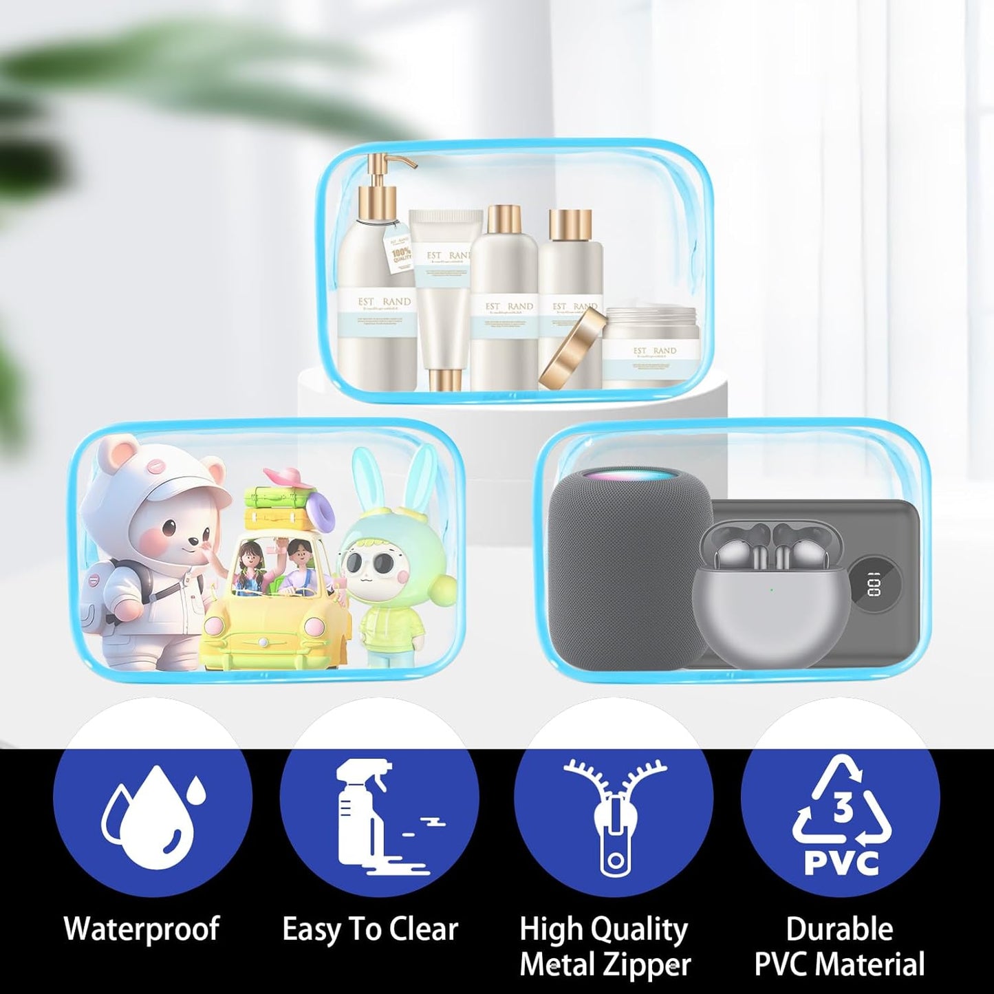 16 Pieces Clear Cosmetic Bags, PVC Clear Pouch with Zipper TSA Approved Toiletry Bag for Travelling, Waterproof Transparent Travel Makeup Cosmetic Organizer Case for Men and Women (Blue-M)