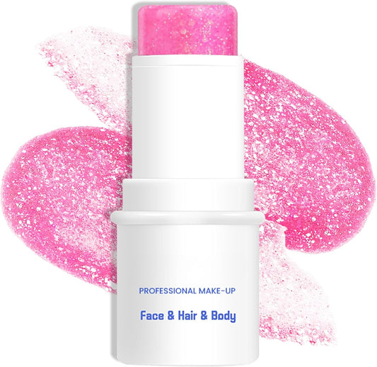 Pink Body & Face Glitter Makeup Stick, Multiuse Waterproof Glitter Gel for Face Body Hair Eye Lip, Holographic Sequins Paint Stick, Mermaid Accessories Makeup
