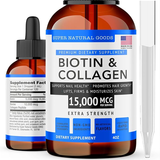 Super Natural Goods Biotin & Collagen Vitamins - Hair Loss, Gut Health, Anti-Aging, Skin Care & Nails - Made in USA, Non-GMO & Cruelty Free (4 Ounce- 15,000mcg)