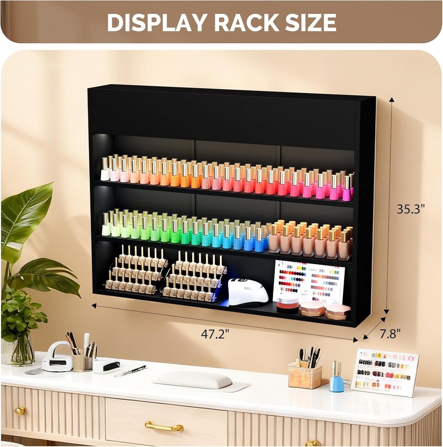 OmySalon Wall Mounted Display Rack, 47.6-Inch 3-Tier LED Nail Polish Organizer Shelf with USB Touch Control, for Nail Salon, Spa, Beauty Studio Storage, Wooden Retail Display (Black)