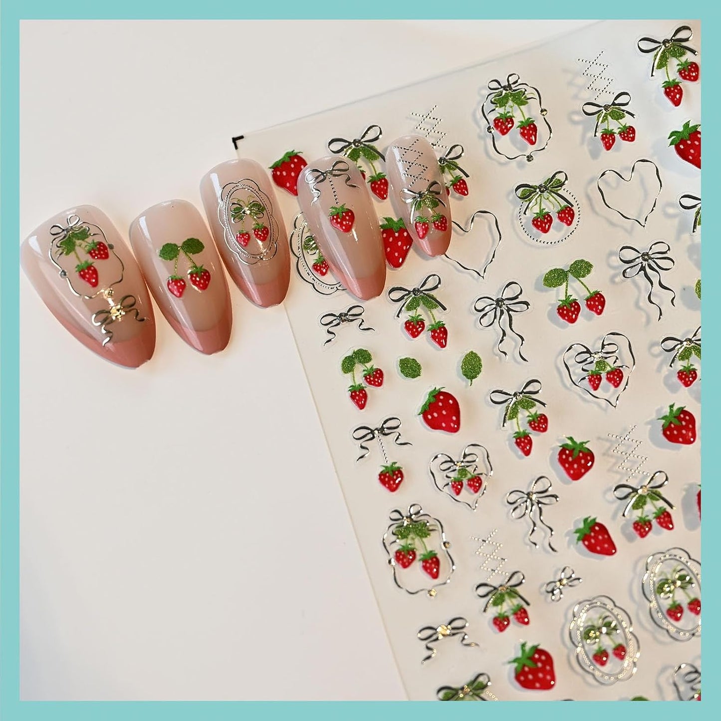 Strawberry Bow Nail Art Stickers, Embossed Fruit Nail Decals, Self-Adhesive, Summer Spring Accessories for Women, Nail Decorations