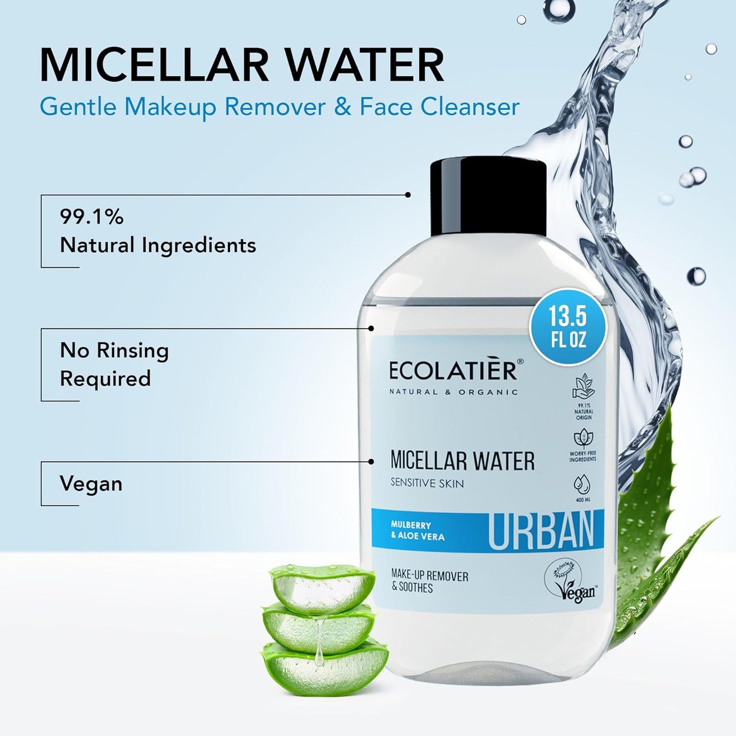 Micellar Water for Sensitive Skin with Organic Aloe Vera - 99.1% Natural Ingredients, Vegan, Hydrating Facial Cleanser & Micellar water Makeup Remover - 13.5 Fl Oz - ECOLATIER