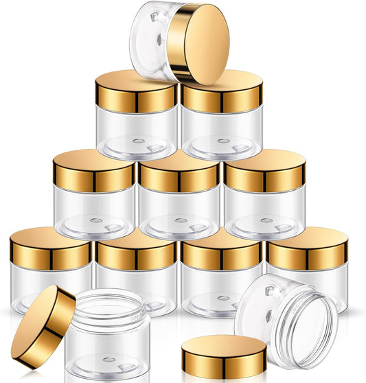 SATINIOR 12 Pack 1 oz Plastic Container Jars with Lids Round Clear Travel Cosmetic Container Jars for Toiletries, Lotion, Cream, Ointments, Makeup, Rhinestone, Samples, Kitchen Storage(Gold)