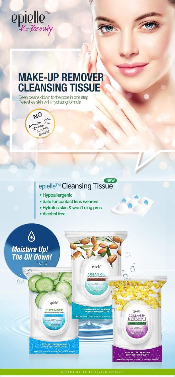 Epielle Aloe Vera Makeup Remover Wipes, Gentle Daily Facial Cleanser Towelettes, Remove Dirt, Oil & Waterproof Mascara, Hypoallergenic & Alcohol-Free, 60 Count (Pack of 2)