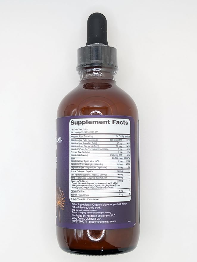 Biotin Liquid Drops Collagen Keratin Hyaluronic Acid Saw Palmetto for Hair Skin and Nails Silica Vitamin A C Vitamin D Bamboo Turmeric Zinc Folate Magnesium Horsetail LuxGlo by Clean Nutra - 3Pack