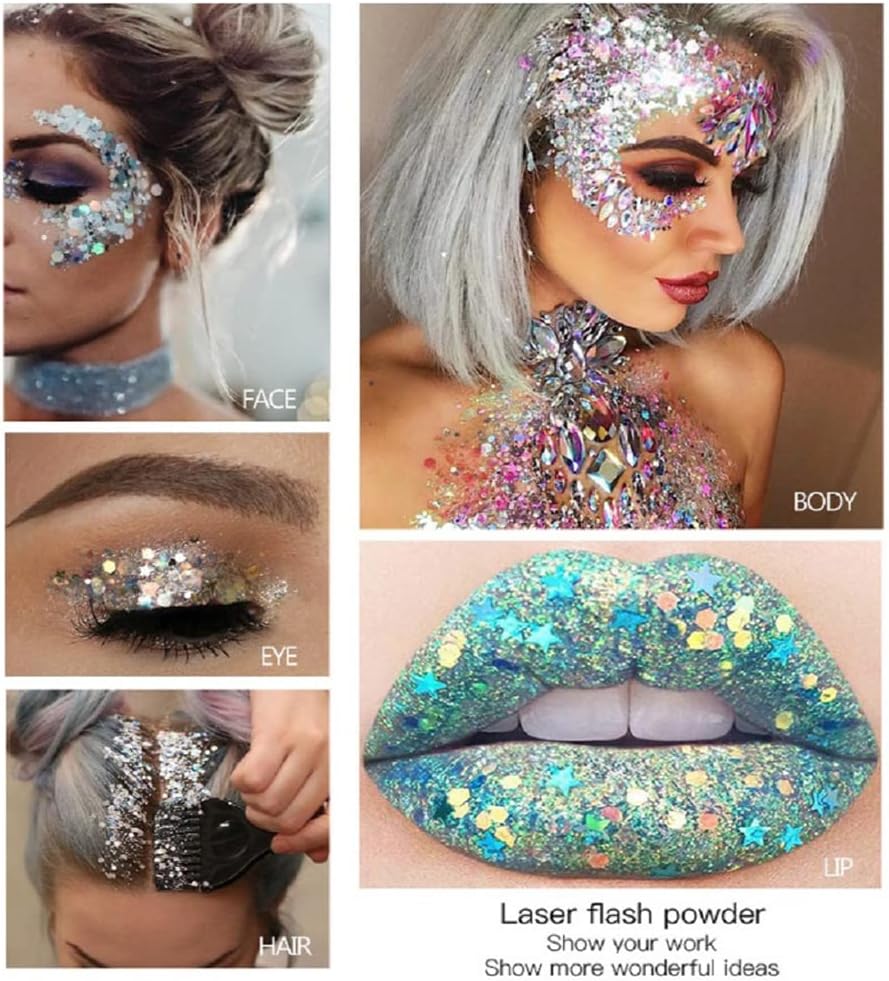 Mermaid Sequins Body Glitter Gel, Make Up Long Lasting Glitter for Body Face Hair Eyeshadow, Music Festival Party Carnival Long Lasting Face Glitter, No Glue Needed and Easy to Remove. (Blue)
