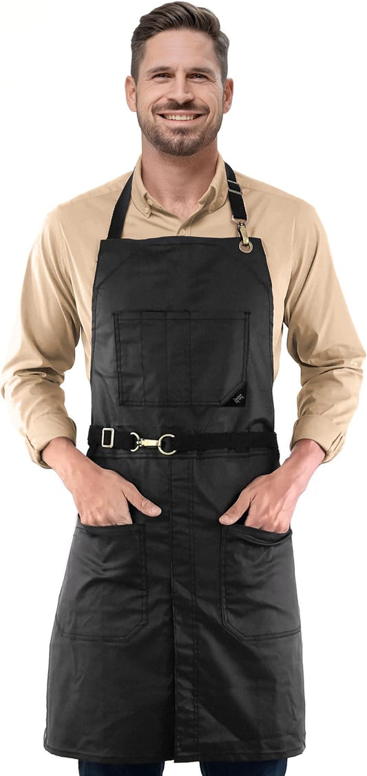 Under NY Sky No-Tie Panther Black Apron – Coated Twill with Leather Reinforcement, Split-Leg, Adjustable for Men and Women – Pro Barber, Tattoo, Barista, Bartender, Hair Stylist, Server Aprons