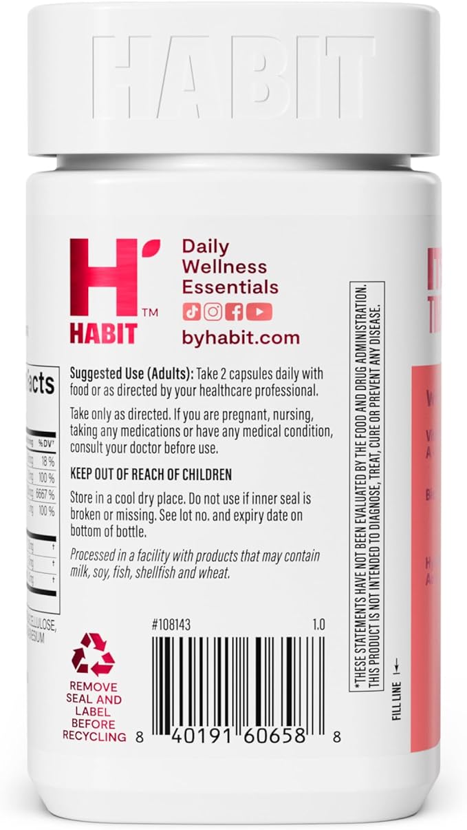 Habit Hair, Skin & Nails Supplement (60 Capsules) - New Look, Supports Skin Hydration, Hair & Nail Strength, Biotin 2000mcg, Vitamin A & C, Hyaluronic Acid, Rosehip, Vegan, Non-GMO (1 Pack)