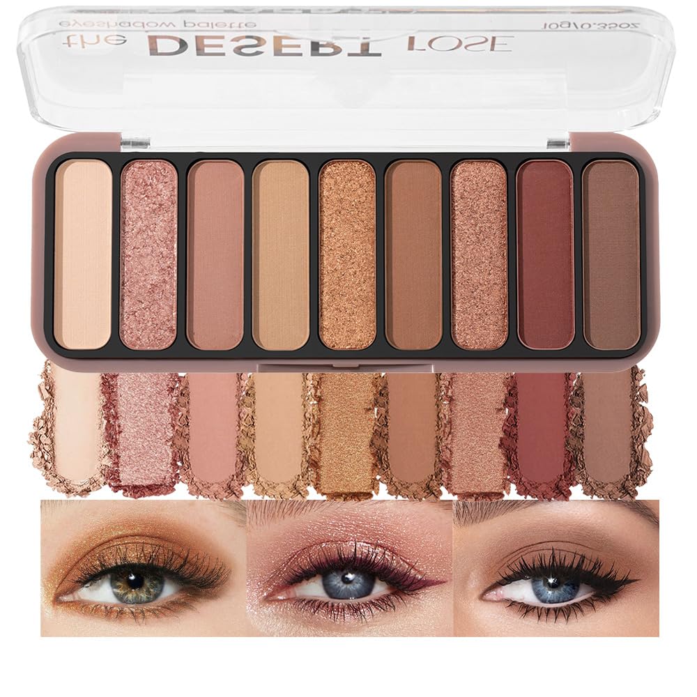 9-Color Eyeshadow Makeup Palette, Blendable Shimmer & Matte, Caramel Cinnamon Rose Golden Brown Eye Shadow Palette, Long-Lasting Waterproof for Brown Eyes, Daily Commuting Smoky Eye Makeup