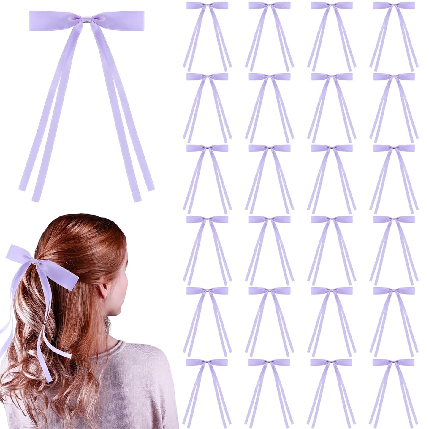 24 PCS Hair Bows Clips Ribbon,Mini Satin Hair Bows With Long Tail for Women and Girls Hairstyle Accessory Gift (Purple)