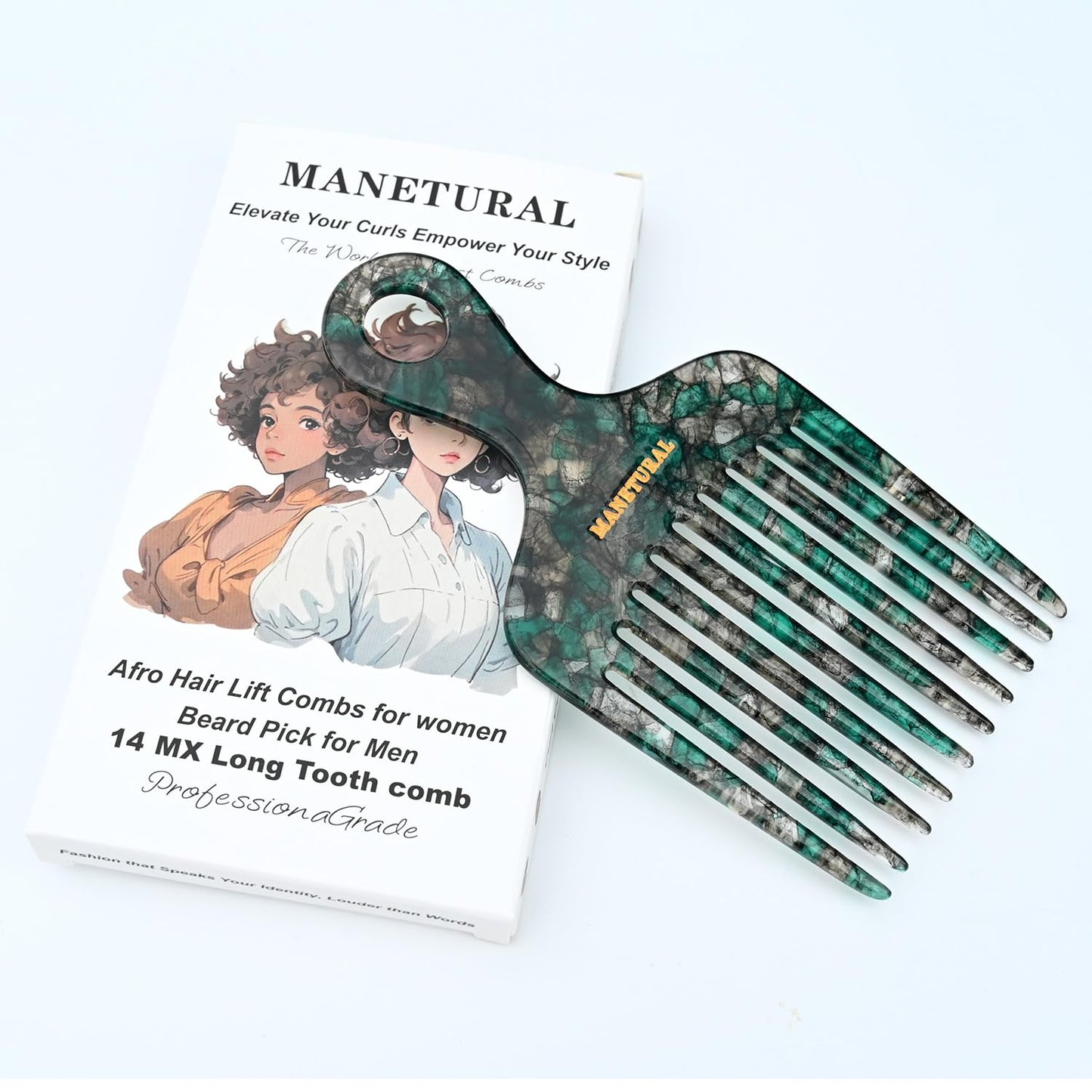 14MX Long-Tooth Comb/Afro Hair Lift Combs for Women's Curls and Men's Beards - Hand-Made, Hand-Crafted Beauty for Effortless Styling (Green, 2PACK)