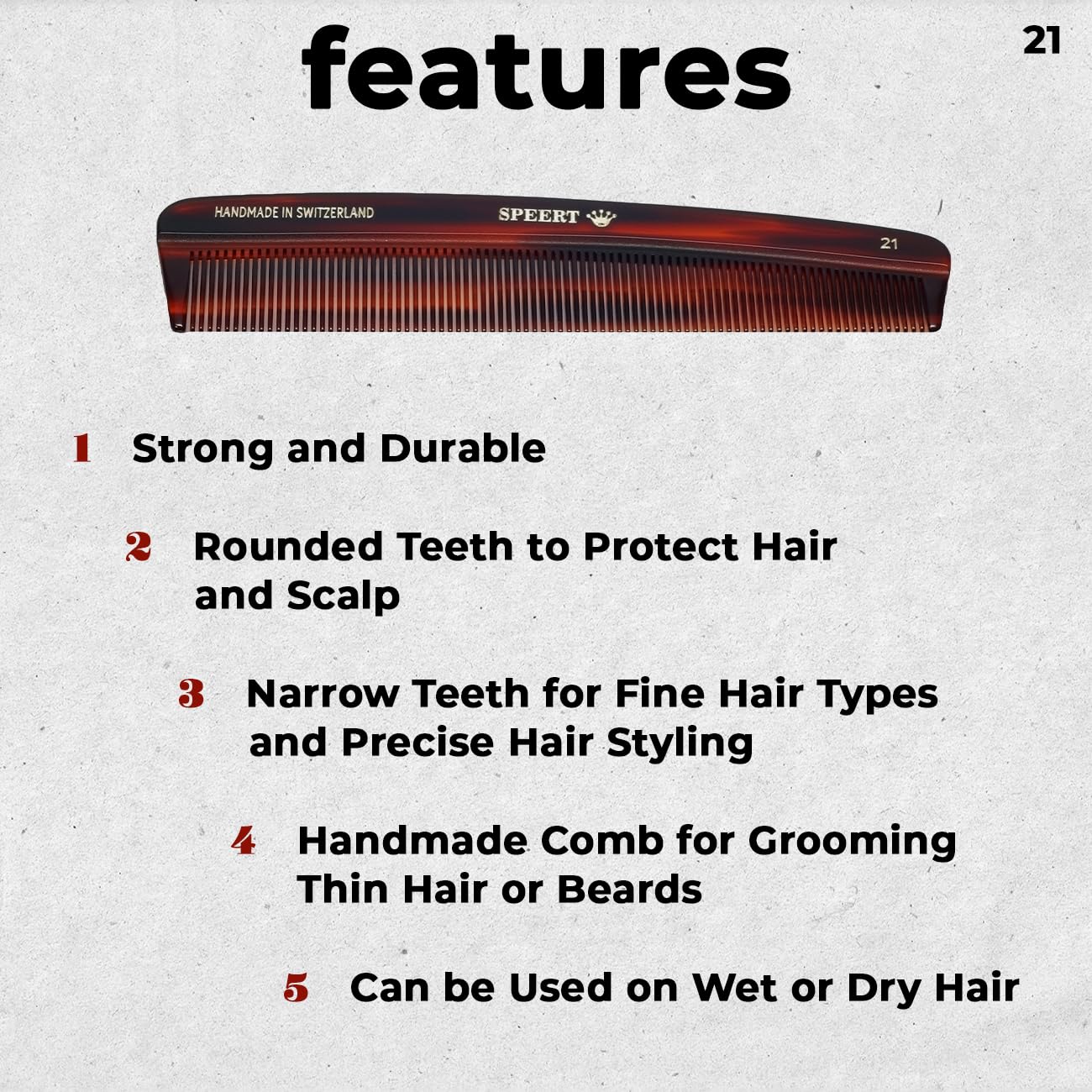#21 Handmade Narrow Tooth Comb Tortoise Havana Acetate Fine Straight Thin Detangling Parting Grooming Teasing Hair Styling Hairdresser Barber Hairdressing Wet Dry Pocket Travel Women Men Kids