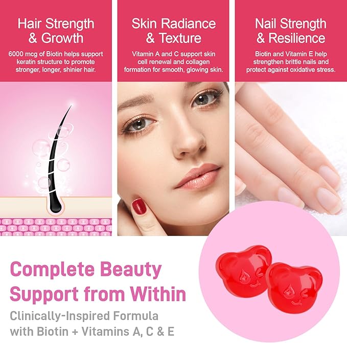 Sugar Free Beauty Gummies, Hair Skin and Nails Gummies with Vitamins A C E, Natural 6000mcg Biotin Gummies for Women Men, GMO Free, Gluten Free (Strawberry, 60 Count)