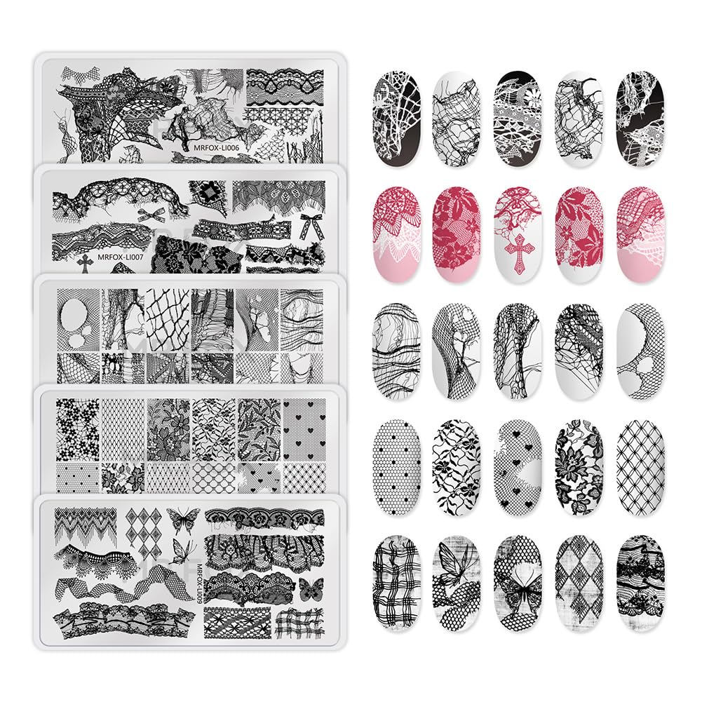 5 Pcs Nail Stencils Plates for Nail Art - Lace Butterfly & Distressed Design, Reusable Stainless Steel Nail Stamping Templates for Manicure