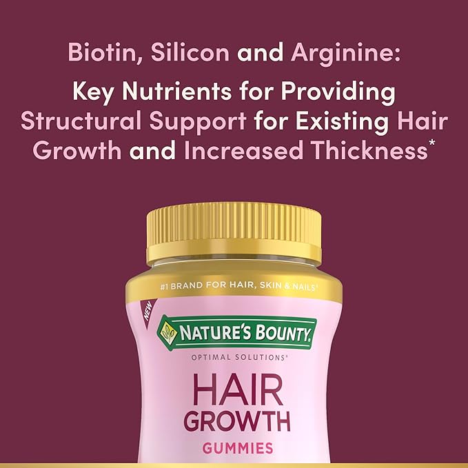 Nature's Bounty Hair Growth Gummies for Supporting Thicker, Fuller Hair with Biotin, Silicon & Arginine, Peach Mango Flavor – Gluten Free, Contains No Lactose, Sodium or Fish, 60 Count/30 Servings