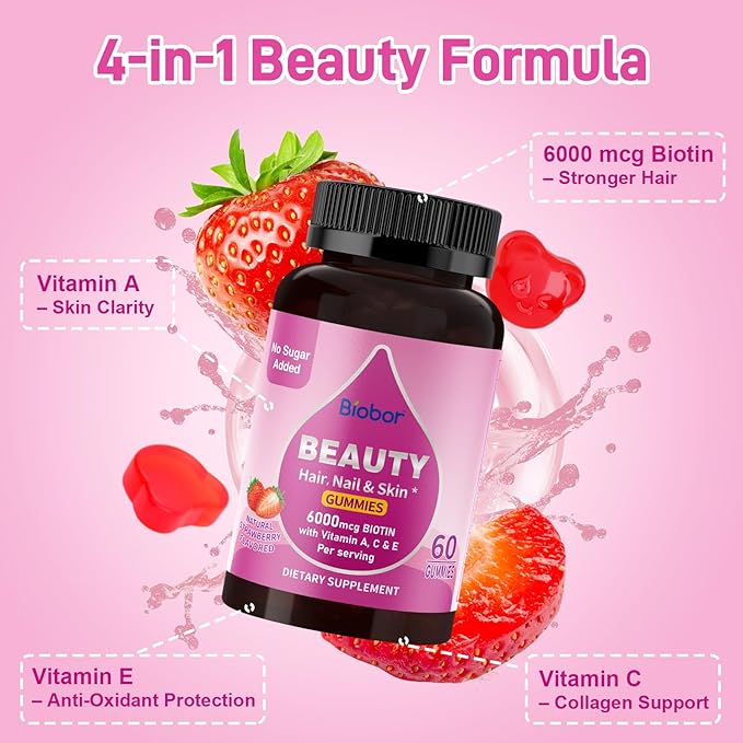 Sugar Free Beauty Gummies, Hair Skin and Nails Gummies with Vitamins A C E, Natural 6000mcg Biotin Gummies for Women Men, GMO Free, Gluten Free (Strawberry, 60 Count)