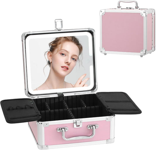 Leeora&Leekoo Makeup Box with Lighted Mirror,Portable Makeup Train Case Organizer (Pink1)