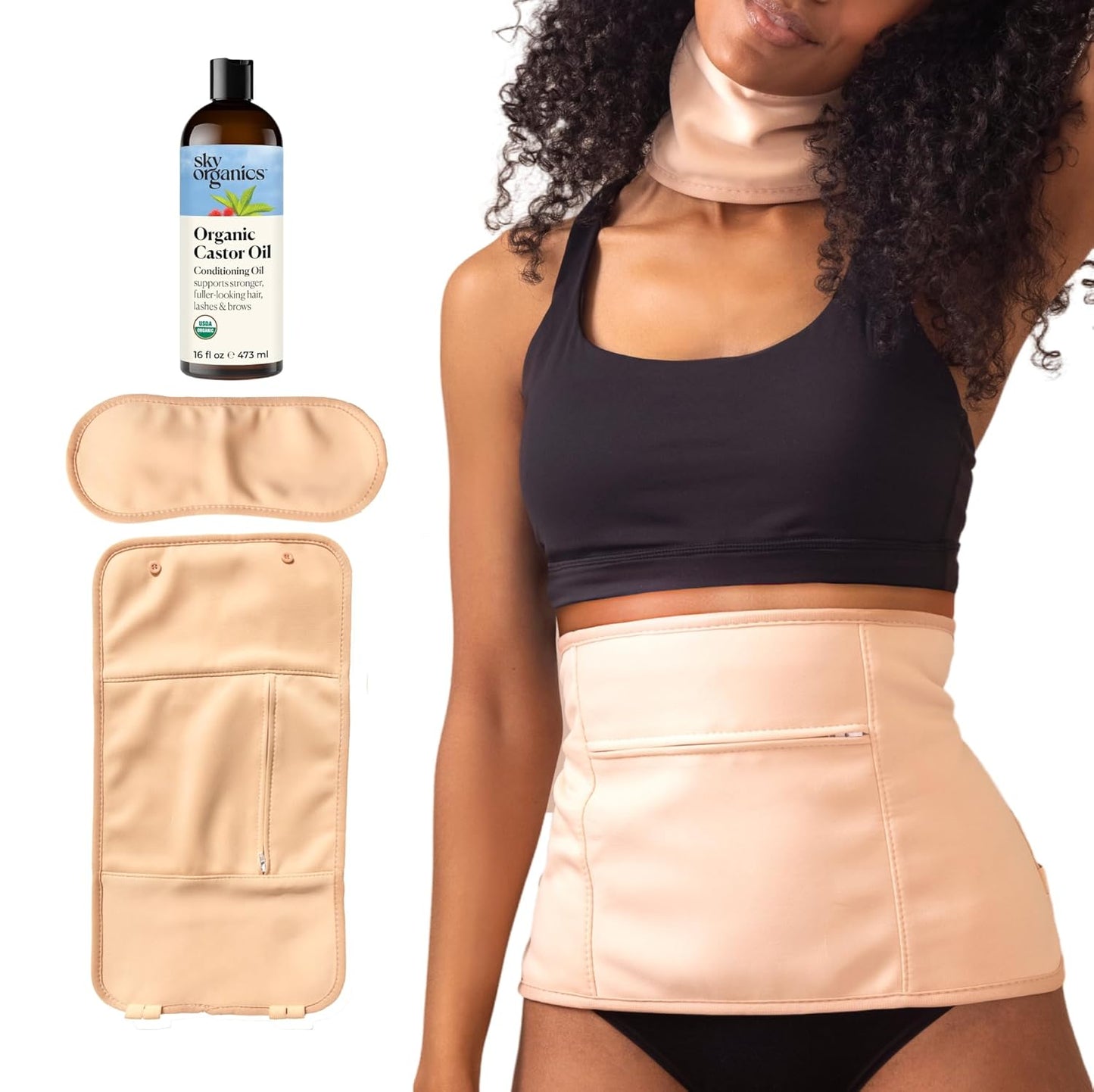 Sky Organics 16oz Castor Oil w/Wraps | Reusable Organic Castor Oil Pack to Boost Body's Wellness, Encourage Rest & Relaxation | Adjustable Elastic Straps Cotton Durable Easy to Use
